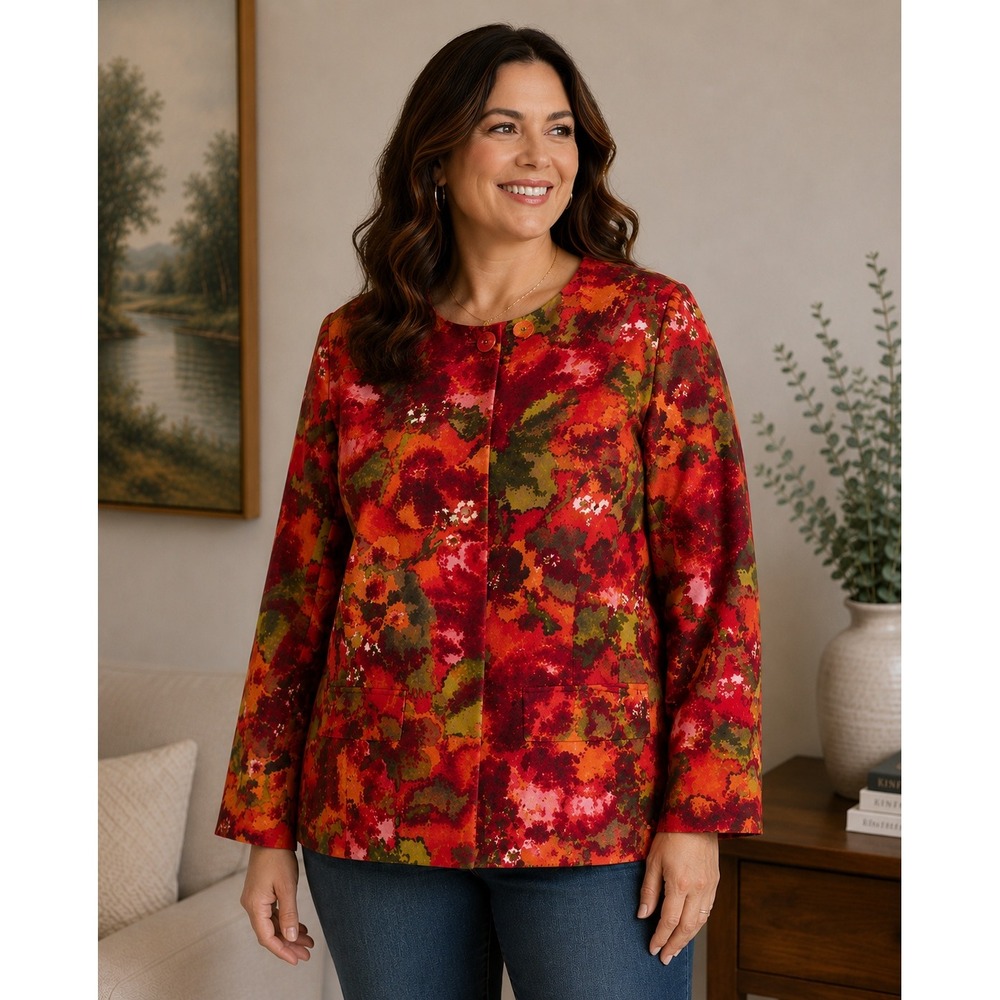 Chico's Blazer Women Large Red Multi Floral Impressionist‎ Cotton Blend Jacket
